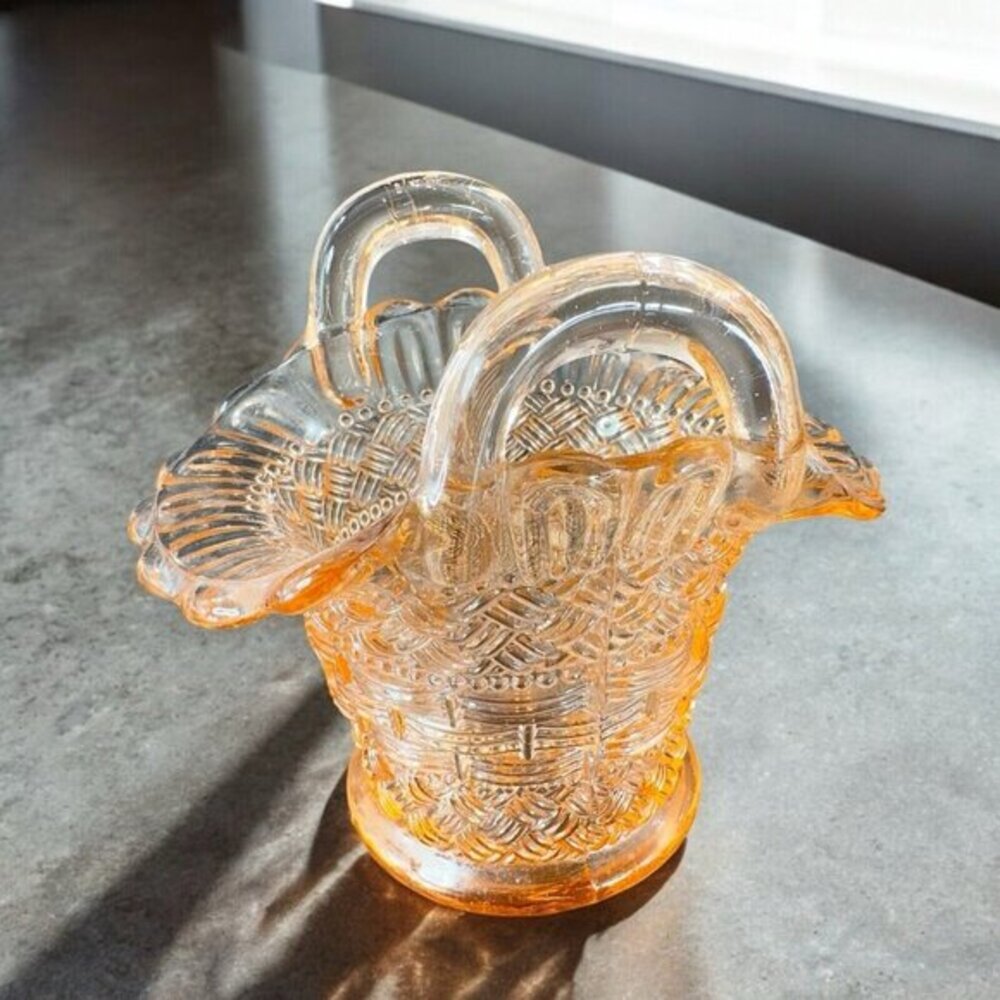 Vintage Dugan Peach Pink Depression Glass‎ Basket Bowl Vintage Glass Decor Glass